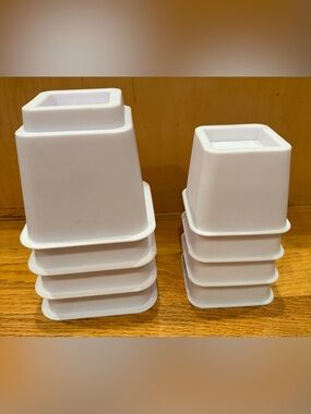 2 sets white bed risers: set of 4 each: small 4” tall: medium 6” tall: stackable